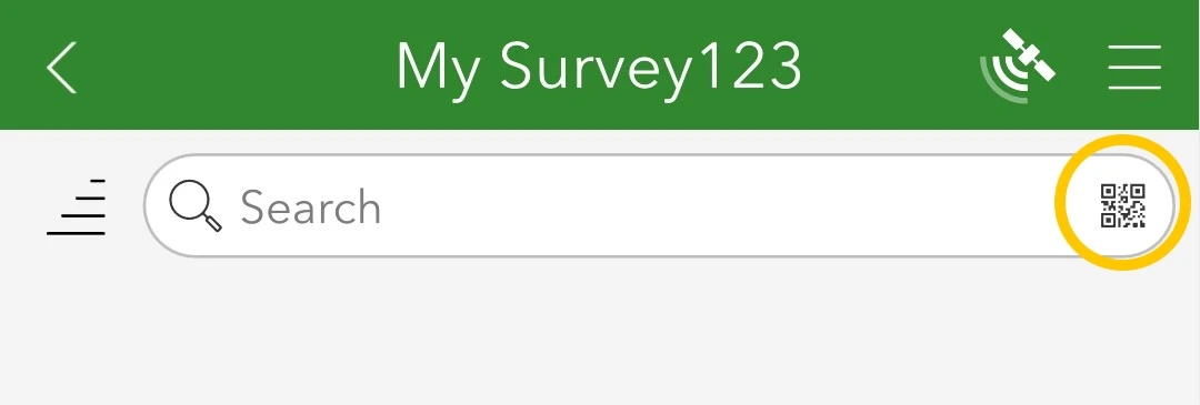 My Survey123 screen with the QR scanner at the right of the search bar circled in yellow.