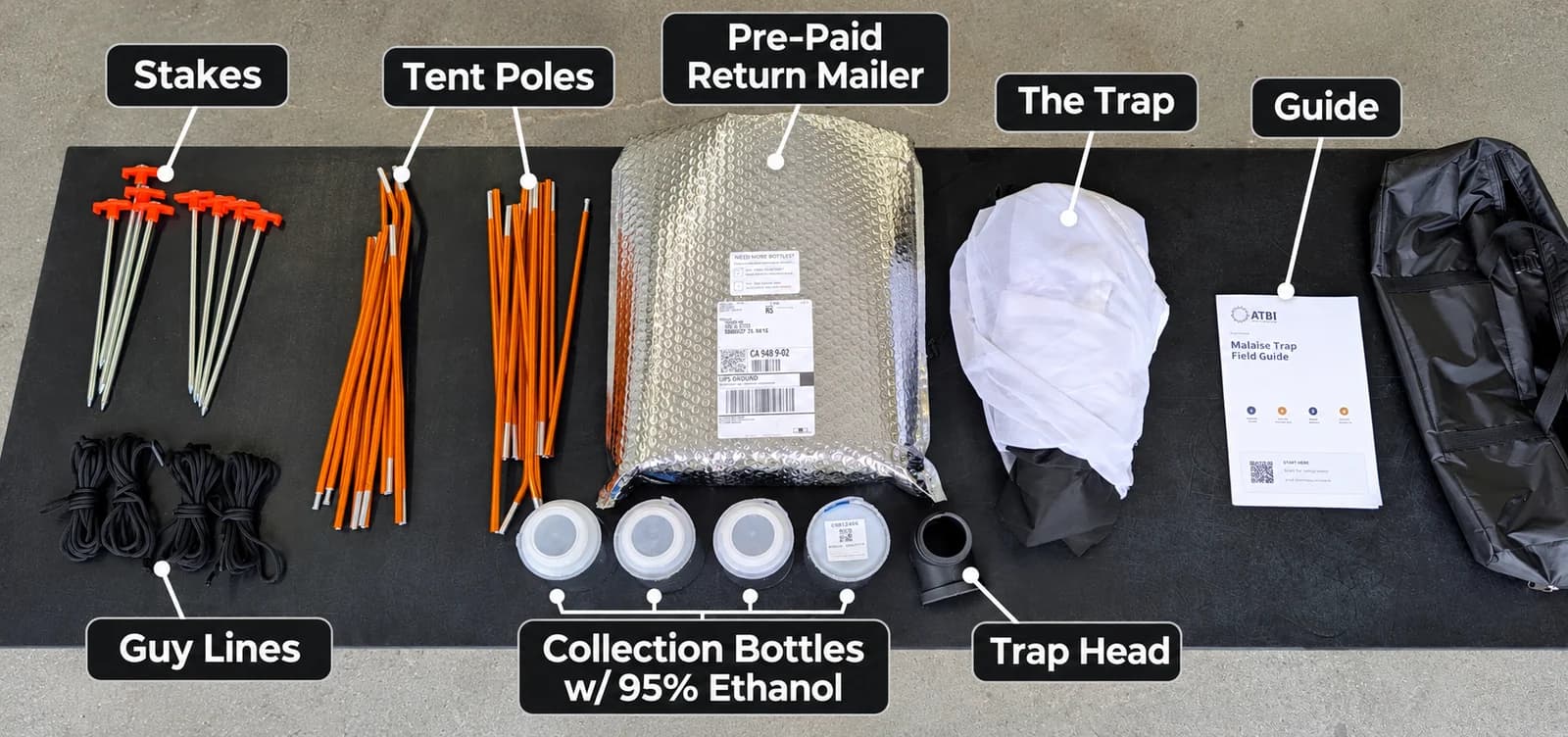 Complete Malaise kit: trap, poles, stakes, guy lines, trap head, four bottles, prepaid mailer and guide.