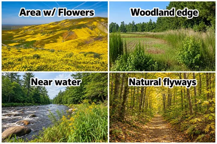 Four possible sites: flowers, woodland edge, near water and natural flyways.